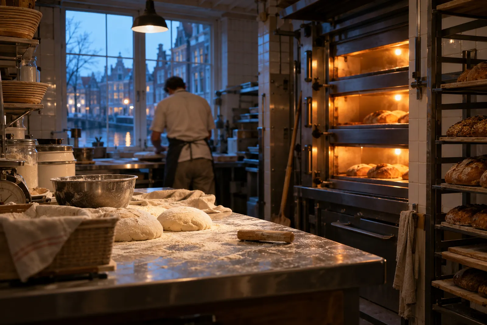 Bakkerij in de vroege ochtend met brandende ovens