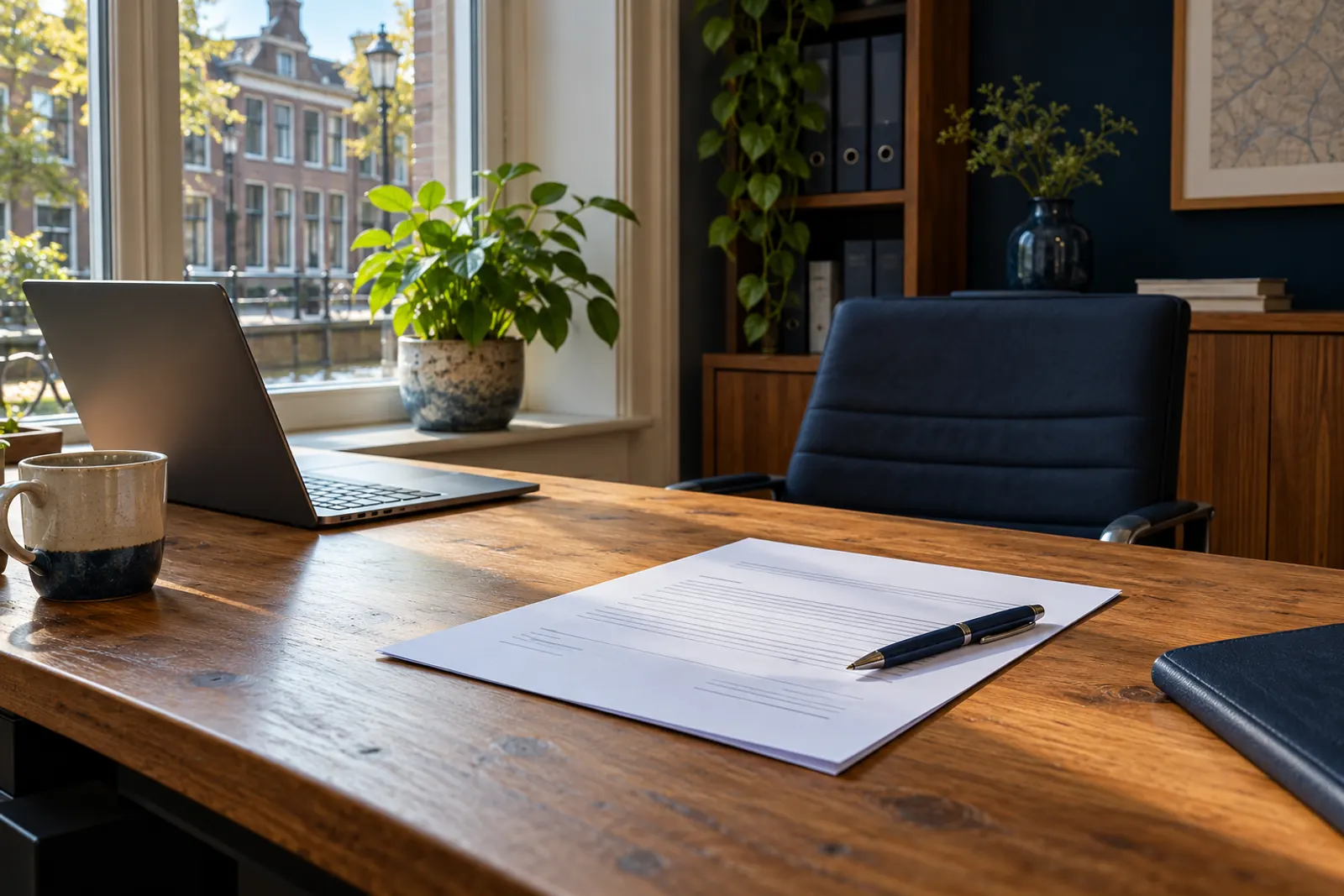 Bureau op kantoor met een energiecontract en een kop koffie
