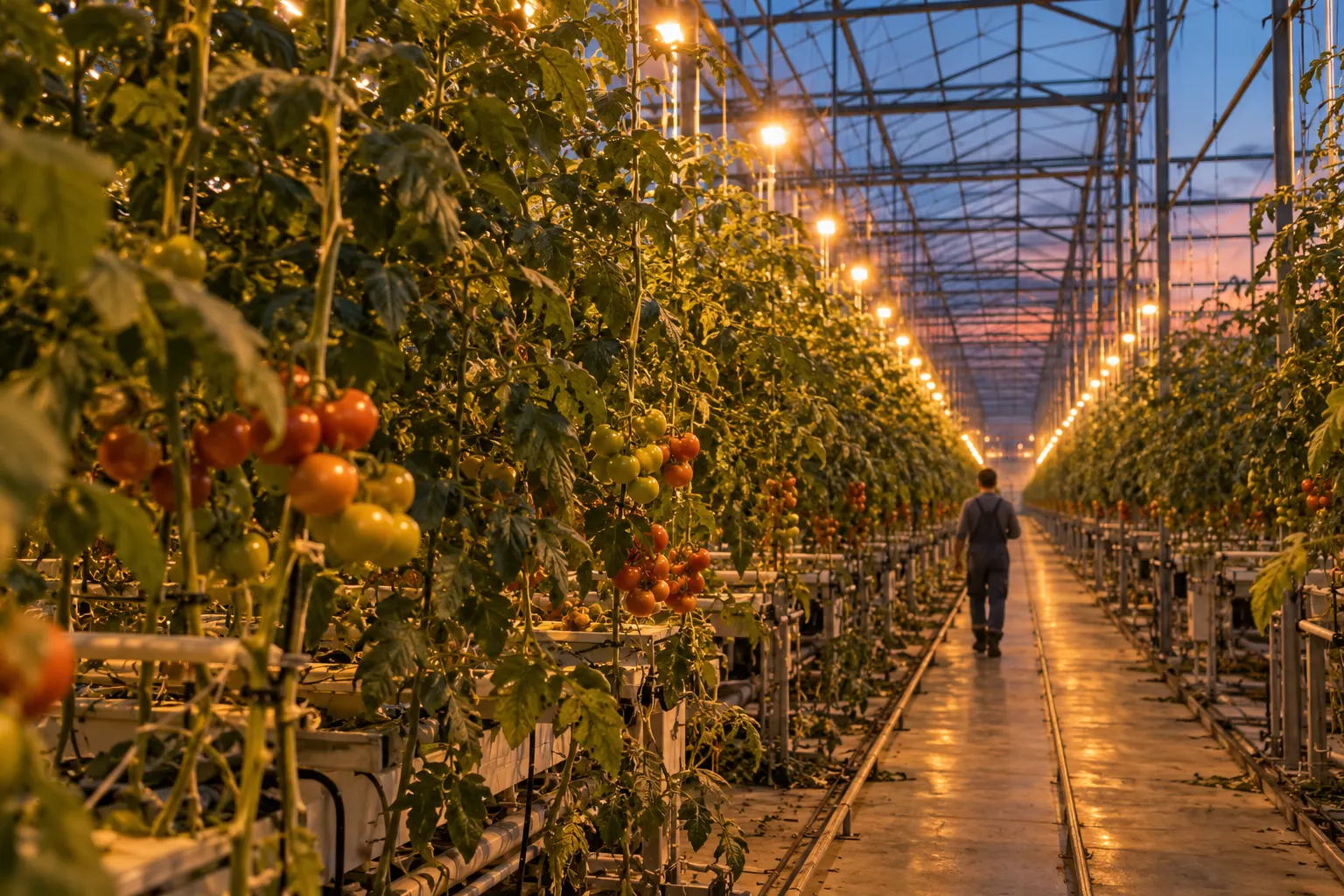 Tuinbouwkas met brandende groeilampen boven rijen tomatenplanten