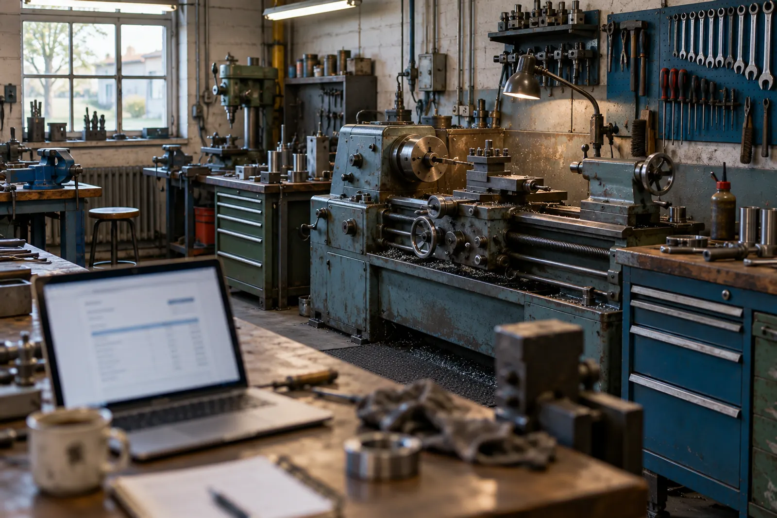 Werkplaats met draaibank en een laptop op de werkbank