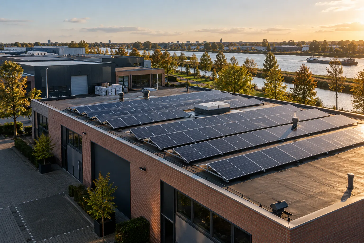 Zonnepanelen op het platte dak van een bedrijfspand